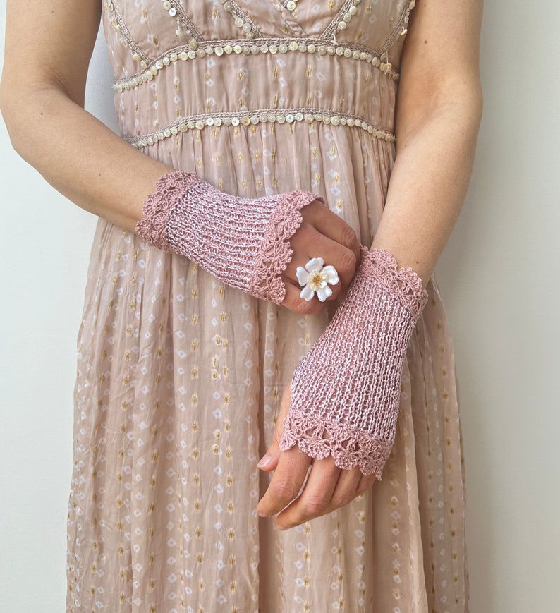 Summer Gloves, Crochet Gloves, Pink Fingerless Gloves, Bridal Gloves, Wedding Lace Gloves, Bridesmaids, Purple Arm Warmer, Cotton Gloves image 1