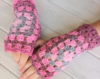 Crochet Fingerless Gloves, Pink Gloves, Granny Squares Gloves, Colorful Arm Warmers, Wool Mittens, Knit Wrist Warmers, Texting Gloves Womens