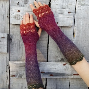 Extra Long Fingerless Gloves Arm Warmers Womens Fingerless Mittens Knitted Wrist Warmers Red Purple Boho Gloves Ombre Mitts Gift Her image 3