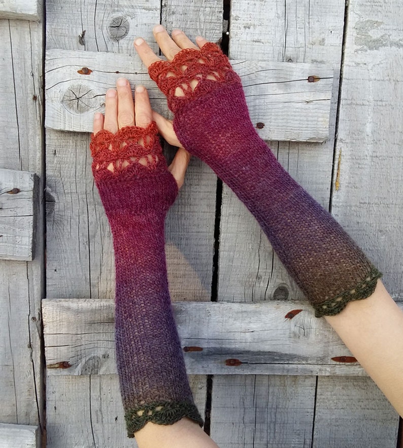 Extra Long Fingerless Gloves Arm Warmers Womens Fingerless Mittens Knitted Wrist Warmers Red Purple Boho Gloves Ombre Mitts Gift Her image 3