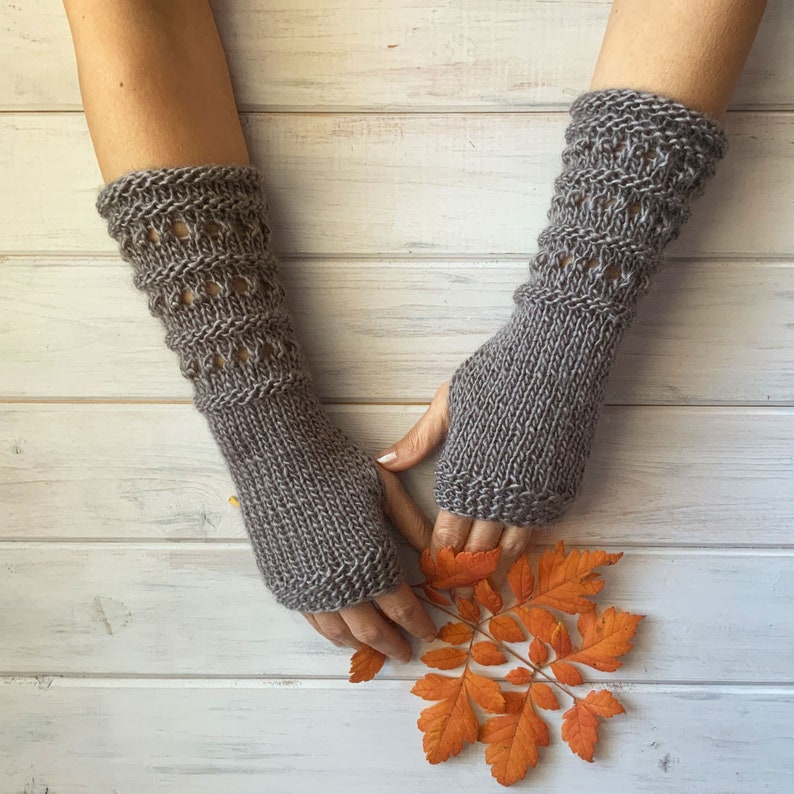 Vegan Gloves, Fingerless Arm Warmers, Purple Gloves Womens, Long Hand Knitted Gloves, Texting Mittens, Winter Wrist Warmers, Christmas Gift Taupe