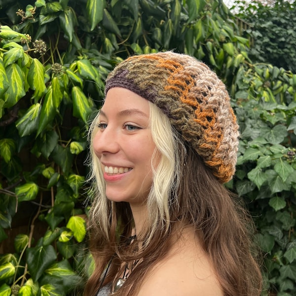 Élégant Crochet Beanie Femmes Tricot Béret Crochet Béret Chapeau Brun Tricot Béret, Woodland Boho Set Gants Chapeau Golden Forest Cadeau pour elle