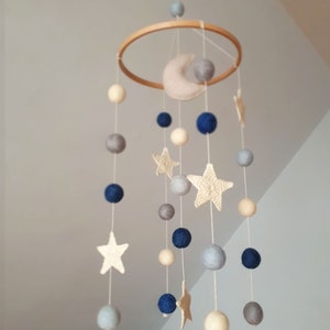 Space Baby Mobile, Moon Cot Mobile, Blue Grey Mobile, Stars Cot Mobile, Boy Baby Mobile, Monochrome, Felt Balls Mobile, Planets Baby Mobile image 8