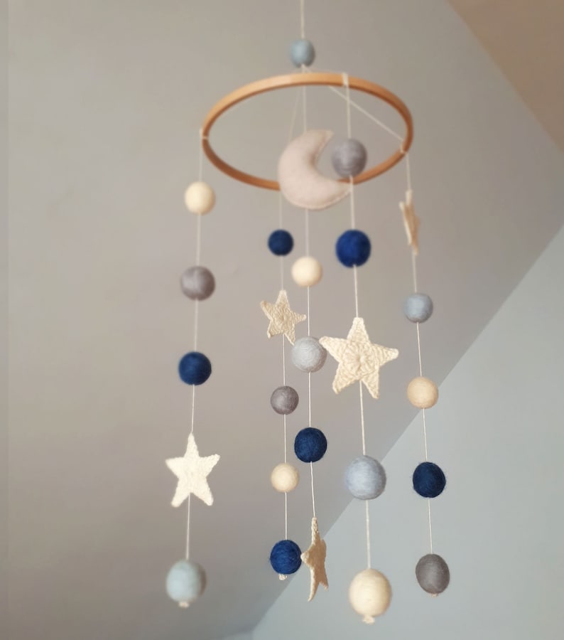 Space Baby Mobile, Moon Cot Mobile, Blue Grey Mobile, Stars Cot Mobile, Boy Baby Mobile, Monochrome, Felt Balls Mobile, Planets Baby Mobile image 8