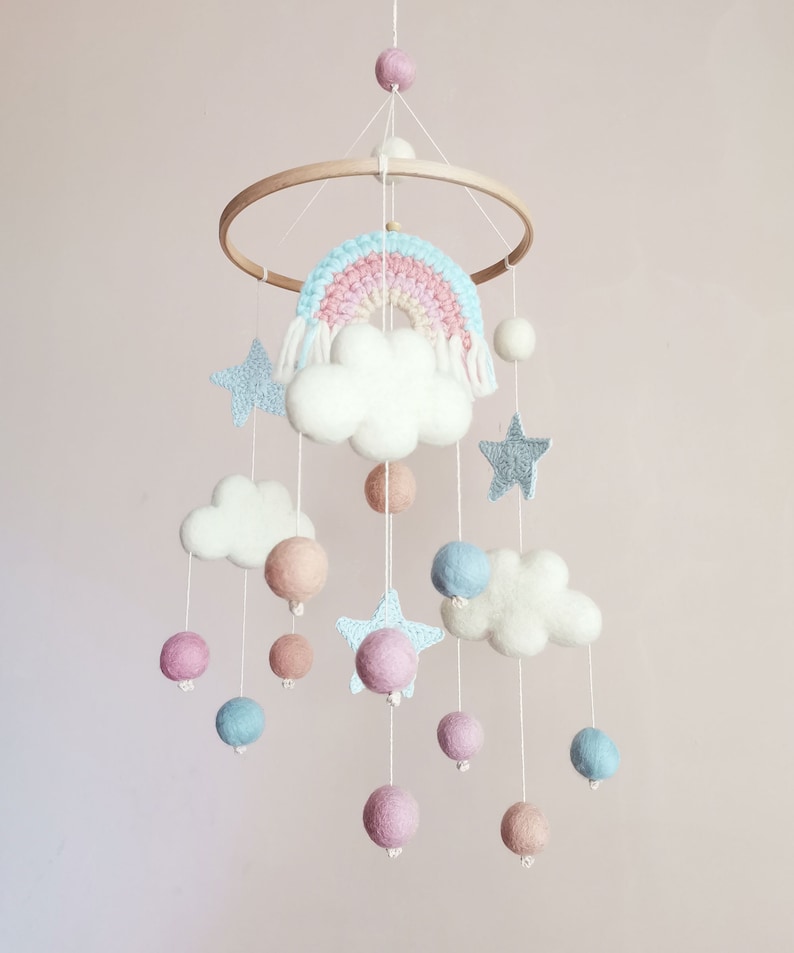 Cloud Baby Mobile, Rainbow Mobile, Baby Girl Mobile, Pink Baby Mobile, Woodland Mobile, Hanging Crib Mobile, Boho Cot Mobile, Montessori image 6