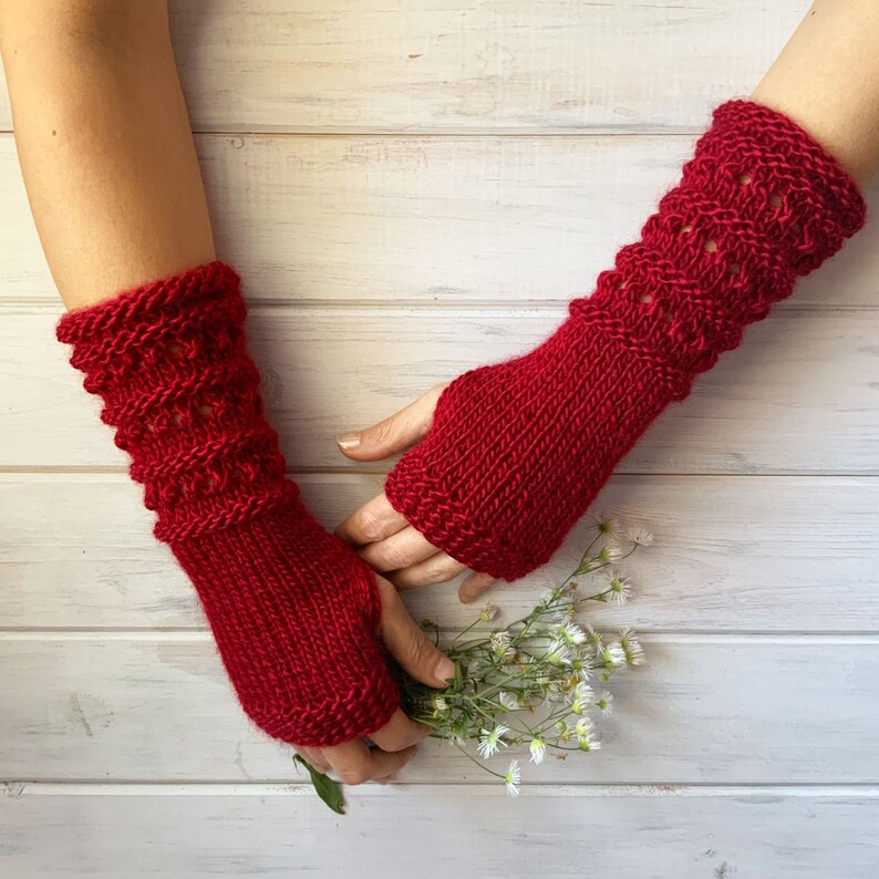 Vegan Gloves, Fingerless Arm Warmers, Purple Gloves Womens, Long Hand Knitted Gloves, Texting Mittens, Winter Wrist Warmers, Christmas Gift Red