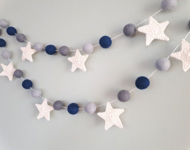 Space Baby Mobile, Moon Cot Mobile, Blue Grey Mobile, Stars Cot Mobile, Boy Baby Mobile, Monochrome, Felt Balls Mobile, Planets Baby Mobile image 6