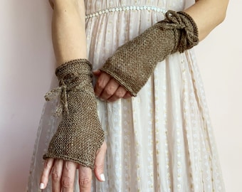 Guantes largos sin dedos, calentadores de brazos marrones, manoplas sin dedos de invierno, calentadores de muñeca de lana, guantes WoodLand, manoplas de punto marrón, guantes de bosque