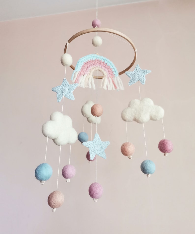 Cloud Baby Mobile, Rainbow Mobile, Baby Girl Mobile, Pink Baby Mobile, Woodland Mobile, Hanging Crib Mobile, Boho Cot Mobile, Montessori image 7