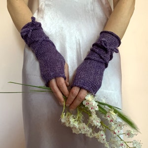 Long Fingerless Gloves, Brown Arm Warmers, Winter Fingerless Mittens, Wool Wrist Warmers, WoodLand Gloves, Brown Knit Mittens, Forest Gloves Purple