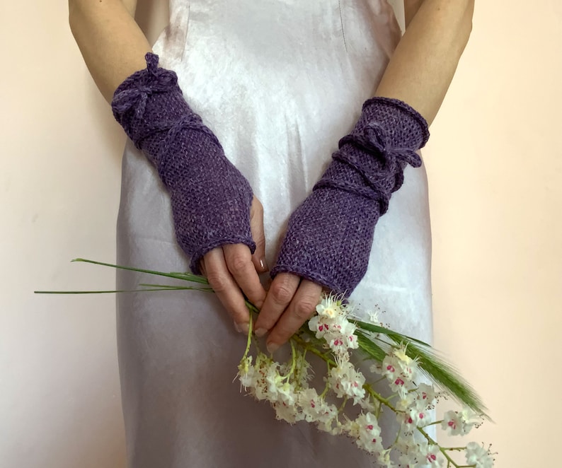 Long Fingerless Gloves, Brown Arm Warmers, Winter Fingerless Mittens, Wool Wrist Warmers, WoodLand Gloves, Brown Knit Mittens, Forest Gloves Purple