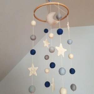 Space Baby Mobile, Moon Cot Mobile, Blue Grey Mobile, Stars Cot Mobile, Boy Baby Mobile, Monochrome, Felt Balls Mobile, Planets Baby Mobile image 7