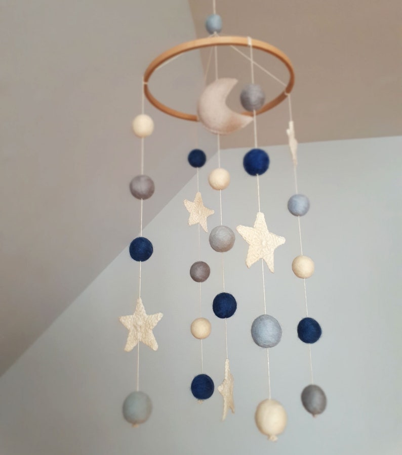 Space Baby Mobile, Moon Cot Mobile, Blue Grey Mobile, Stars Cot Mobile, Boy Baby Mobile, Monochrome, Felt Balls Mobile, Planets Baby Mobile image 7