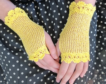 Bridal Lace Gloves, Yellow Crochet Gloves, Summer Fingerless Gloves, Cotton Gloves, Bridesmaids Gloves, Wedding Gloves, Vintage Style Gloves