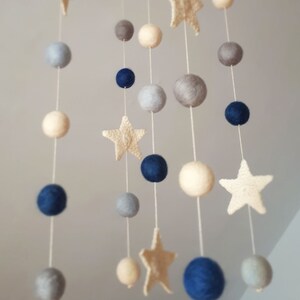 Space Baby Mobile, Moon Cot Mobile, Blue Grey Mobile, Stars Cot Mobile, Boy Baby Mobile, Monochrome, Felt Balls Mobile, Planets Baby Mobile image 3