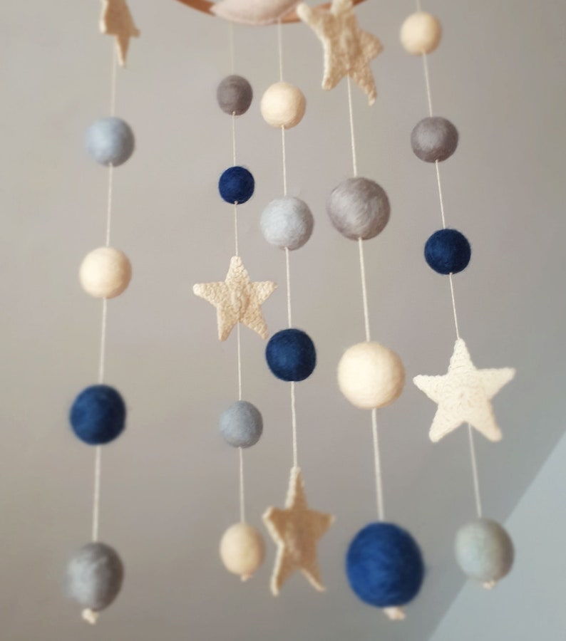 Space Baby Mobile, Moon Cot Mobile, Blue Grey Mobile, Stars Cot Mobile, Boy Baby Mobile, Monochrome, Felt Balls Mobile, Planets Baby Mobile image 3