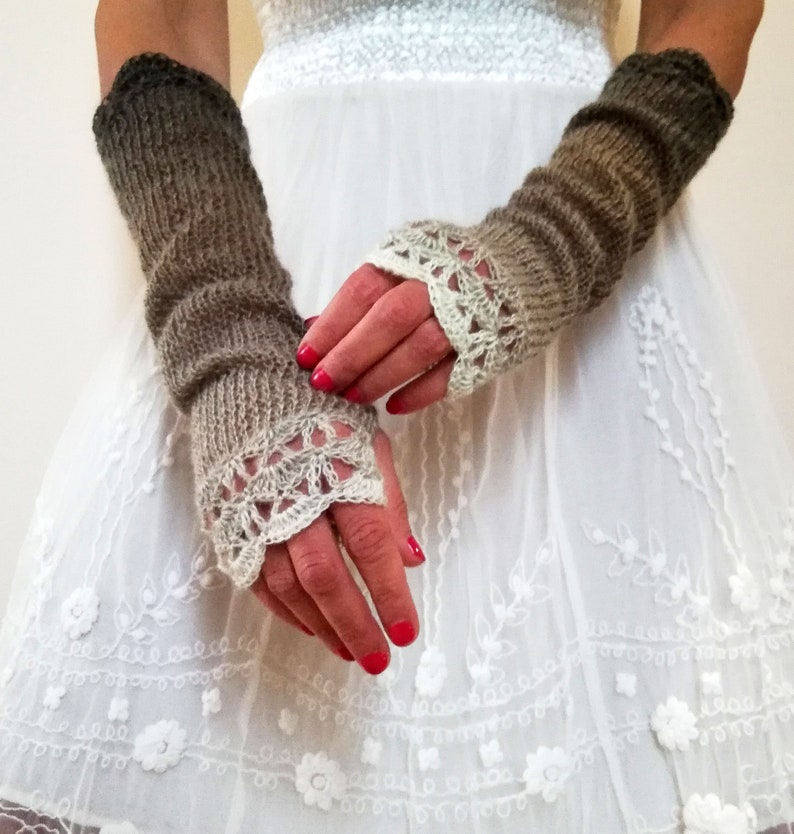 Long Fingerless Gloves, Brown Arm Warmers, Beige Fingerless Mittens, Winter Wrist Warmers, Crochet Gloves, WoodLand Gloves, Forest Gloves image 5