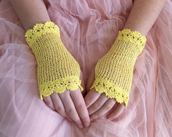 Bridal Lace Gloves, Yellow Crochet Gloves, Summer Fingerless Gloves, Cotton Gloves, Bridesmaids Gloves, Wedding Gloves, Vintage Style Gloves