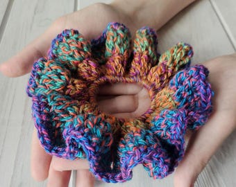 Handmade Knit Scrunchie, Summer Hair Accessory, Large Wool Scrunchie, Multicolor Scrunchie, Patchwork Scrunchie, Crochet Scrunchie, Gift Her
