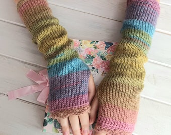 Lange fingerlose Handschuhe Regenbogen Armstulpen, Damen Handgelenkwärmer, Bunte Handschuhe, Warme Handstulpen, Winterstrickfäustlinge, Regenbogen Handschuhe