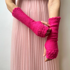 Pink Fingerless Gloves, Hot Pink Arm Warmers, Womens Knit Gloves, Long Fingerless Gloves, Crochet Gloves, Texting Gloves, Valentine Gift Her image 6