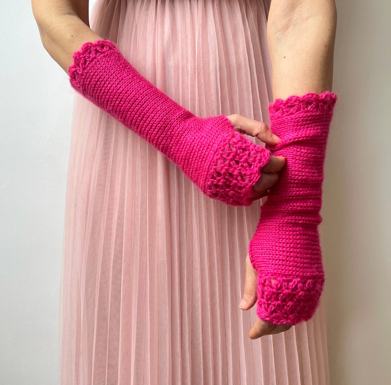 Pink Fingerless Gloves, Hot Pink Arm Warmers, Womens Knit Gloves, Long Fingerless Gloves, Crochet Gloves, Texting Gloves, Valentine Gift Her image 6