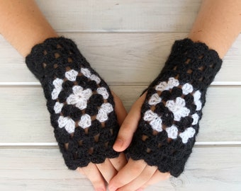 Black White Gloves, Fingerless Gloves, Granny Square Gloves, Arm Warmers, Crochet Gloves, Wool Mittens, Knit Wrist Warmer, Texting Gloves