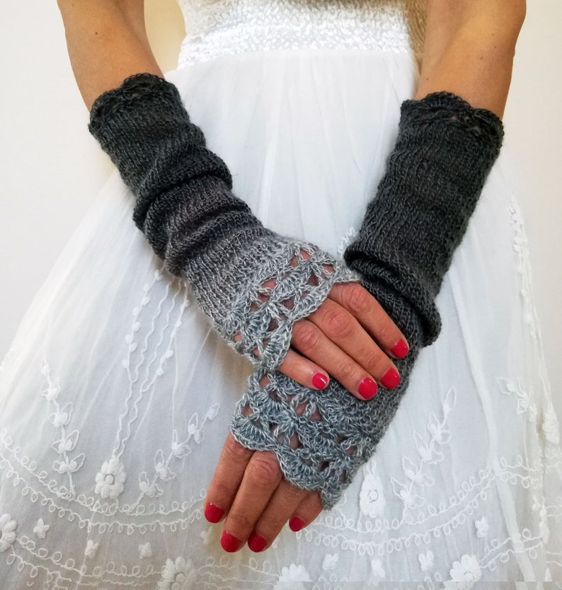 Long Knitted Fingerless Gloves Gray Womens Wrist Warmers Extra Etsy