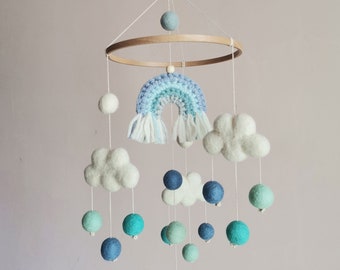 Cloud Mobile, Rainbow Nursery, Baby Boy Mobile, Baby Mobile Woodland, Blue Crib Mobile, Hanging Mobile, Nursery Mobile, Montessori Mobiles