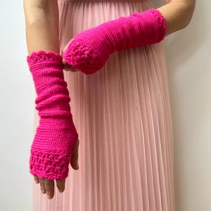 Pink Fingerless Gloves, Hot Pink Arm Warmers, Womens Knit Gloves, Long Fingerless Gloves, Crochet Gloves, Texting Gloves, Valentine Gift Her image 3