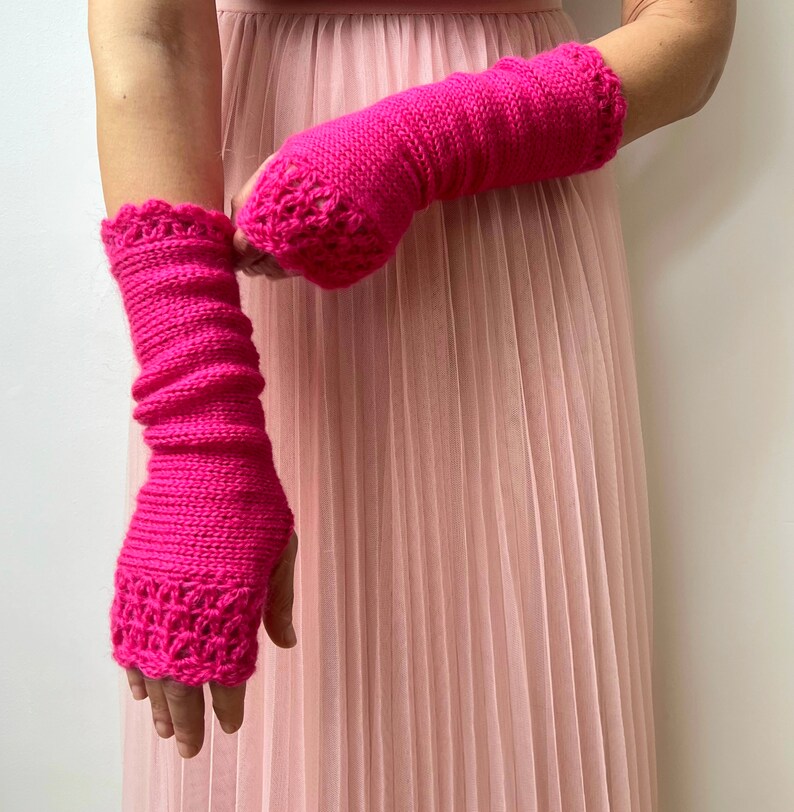 Pink Fingerless Gloves, Hot Pink Arm Warmers, Womens Knit Gloves, Long Fingerless Gloves, Crochet Gloves, Texting Gloves, Valentine Gift Her image 3