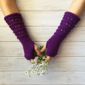 Vegan Gloves, Fingerless Arm Warmers, Purple Gloves Womens, Long Hand Knitted Gloves, Texting Mittens, Winter Wrist Warmers, Christmas Gift image 4