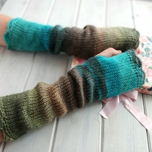 Long Fingerless Gloves, Green Blue Arm Warmers, Womens Wrist Warmers, Warm Hand Warmer, Winter Knit Mittens, WoodLand gloves, Peacock Gloves