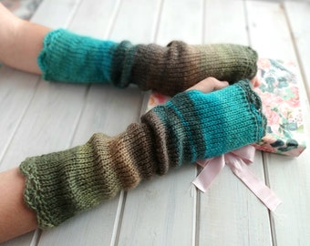 Long Fingerless Gloves, Green Blue Arm Warmers, Womens Wrist Warmers, Warm Hand Warmer, Winter Knit Mittens, WoodLand gloves, Peacock Gloves