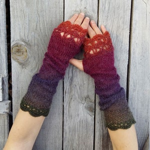 Extra Long Fingerless Gloves Arm Warmers Womens Fingerless Mittens Knitted Wrist Warmers Red Purple Boho Gloves Ombre Mitts Gift Her image 5