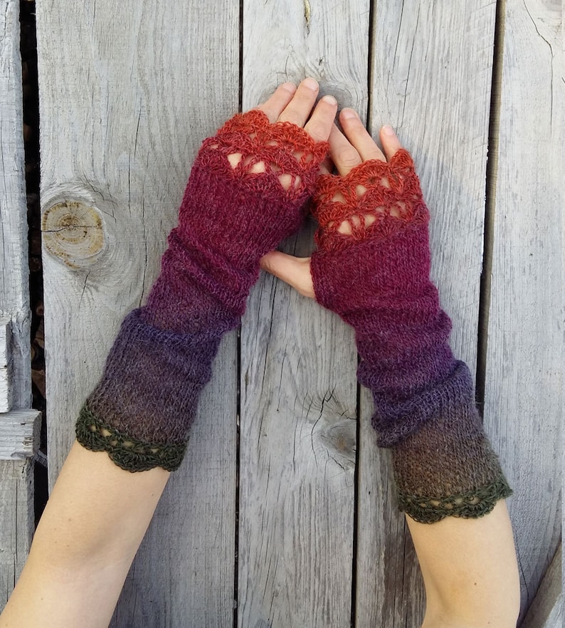 Extra Long Fingerless Gloves Arm Warmers Womens Fingerless Mittens Knitted Wrist Warmers Red Purple Boho Gloves Ombre Mitts Gift Her image 5