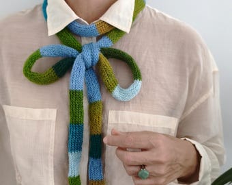 Ultra Long Skinny Scarf, Green, Blue Slim Stripes Scarf, Headband Bow, Color Block Bow Scarf, Knit Neck Tie, Cozy Fall Accessory, Gift Her