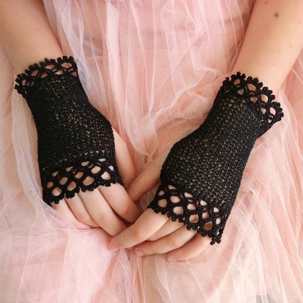 Mitaines, Gants en dentelle noire, Gants au crochet, Gants de mariage, Gants de demoiselle d'honneur, Gants d'été en coton, Gants gothiques, Gants de soirée