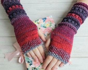 Vegan Arm Warmers, Red Fingerless Gloves, Vegan Gloves, Red Gray Arm Warmers, Long Hand Knitted Gloves, Red Gray Wrist Warmers, Gift Her