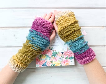 Rainbow Gloves, Vegan Arm Warmers, Fingerless Gloves Womens, Colorful Gloves, Hand Knitted Mittens, WoodLand Wrist Warmers, Forest Gloves