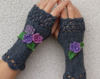 Flowers Knit Gloves, Fingerless Crochet Warmers, Gray Knitted Mittens, Womens Long Arm Warmers, Wool Wrist Warmers, Romantic Gift for Her