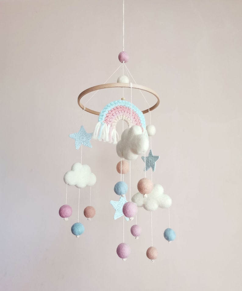 Cloud Baby Mobile, Rainbow Mobile, Baby Girl Mobile, Pink Baby Mobile, Woodland Mobile, Hanging Crib Mobile, Boho Cot Mobile, Montessori image 9