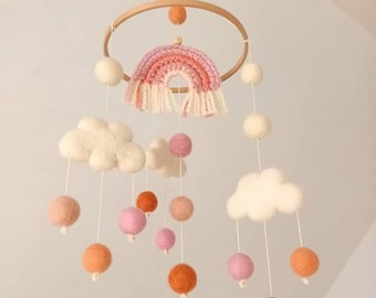 Cloud Baby Mobile, Rainbow Nursery, Baby Girl Mobile, Pink Coral, White Felt Ball Mobile, Woodland Mobile, Hanging Crib Mobile, Newborn Gift