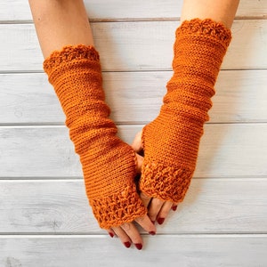 Pink Fingerless Gloves, Hot Pink Arm Warmers, Womens Knit Gloves, Long Fingerless Gloves, Crochet Gloves, Texting Gloves, Valentine Gift Her Orange