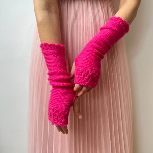 Pink Fingerless Gloves, Hot Pink Arm Warmers, Womens Knit Gloves, Long Fingerless Gloves, Crochet Gloves, Texting Gloves, Valentine Gift Her image 5