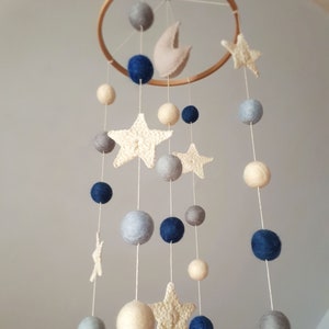 Space Baby Mobile, Moon Cot Mobile, Blue Grey Mobile, Stars Cot Mobile, Boy Baby Mobile, Monochrome, Felt Balls Mobile, Planets Baby Mobile image 2