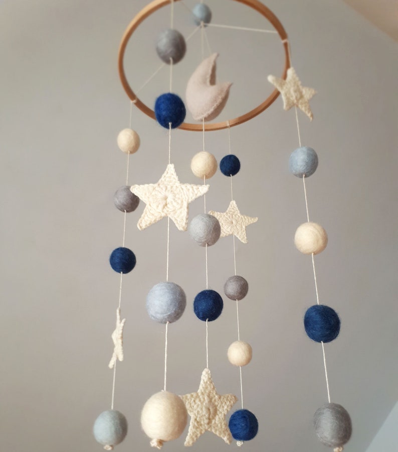 Space Baby Mobile, Moon Cot Mobile, Blue Grey Mobile, Stars Cot Mobile, Boy Baby Mobile, Monochrome, Felt Balls Mobile, Planets Baby Mobile image 2