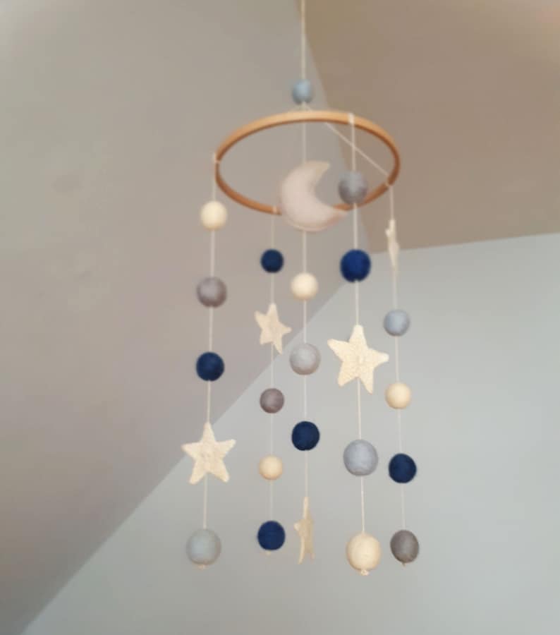 Space Baby Mobile, Moon Cot Mobile, Blue Grey Mobile, Stars Cot Mobile, Boy Baby Mobile, Monochrome, Felt Balls Mobile, Planets Baby Mobile image 1