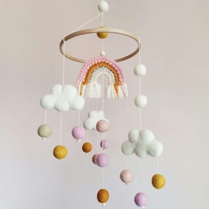 Cloud Mobile, Rainbow Baby Mobile, Woodland Nursery, Baby Girl Mobile, Pink Yellow, Crib Mobile, Felt Hanging Mobile, Newborn Gift
