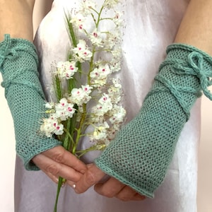 Long Fingerless Gloves, Green Arm Warmers, Winter Fingerless Mittens, Wool Wrist Warmers, WoodLand Gloves, Mint Knit Mittens, Texting Gloves